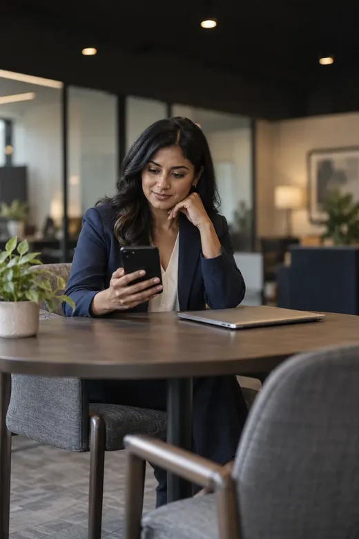 An insurance agent reading a short compliance lesson on her phone between client appointments